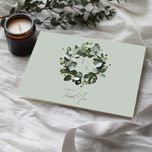Modern monogram eucalyptuskrans | Sage Green Bedankkaart