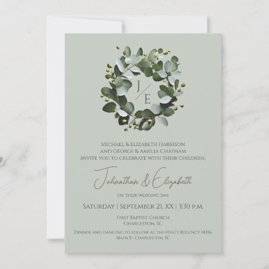 Modern monogram eucalyptuskrans | Sage Green Kaart (Voorkant)