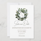 Modern monogram eucalyptuskrans | Wit Save The Date (Voorkant)