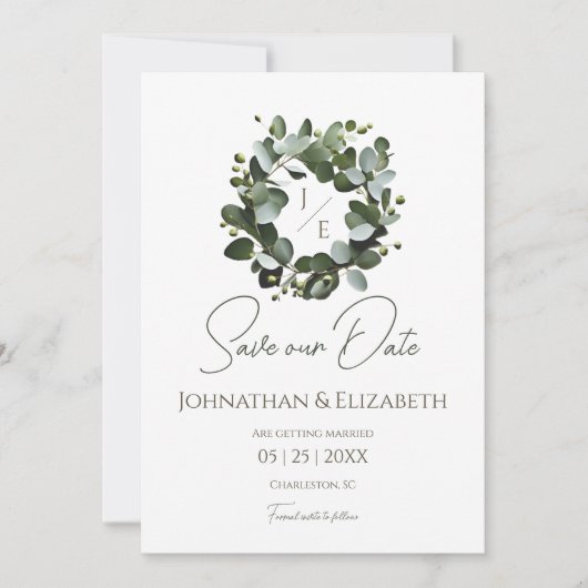 Modern monogram eucalyptuskrans | Wit Save The Date (Voorkant)