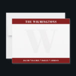 Modern Monogram Family Names Dark Red Stationery Notitiekaartje<br><div class="desc">This design features space for names in the bold bands at the top and bottom with a faded monogram in the background. Click the customize button if you would like to adjust the design elements and/or further modify the text! Variations of this design, additional colors, as well as coordinating products...</div>
