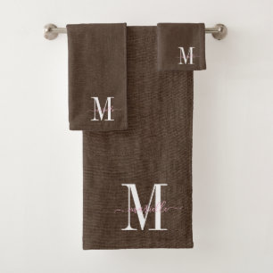 Modern Monogram Faux Linen Dark Brown Bad Handdoek