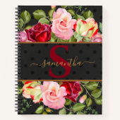Modern Monogram Floral Rozen & Black Polka Dot Notitieboek (Voorkant)