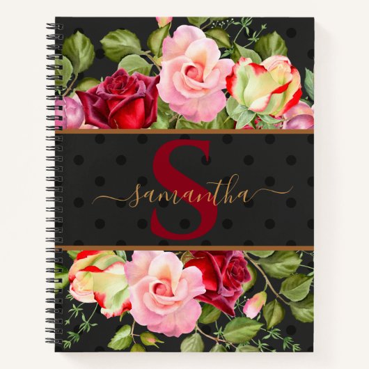 Modern Monogram Floral Rozen & Black Polka Dot Notitieboek (Voorkant)