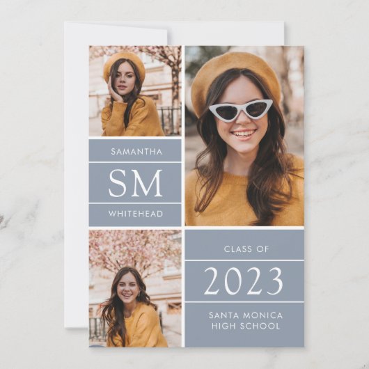 Modern Monogram Foto Collage Dusty Blue Aankondiging (Voorkant)