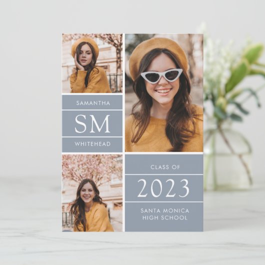 Modern Monogram Foto Collage Dusty Blue Aankondiging (Staand voorkant)