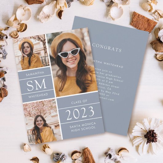 Modern Monogram Foto Collage Dusty Blue Aankondiging