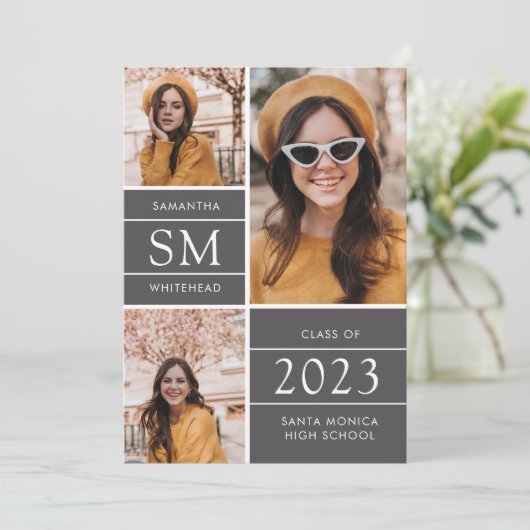 Modern Monogram Foto Collage Gray Afstuderen Aankondiging (Staand voorkant)