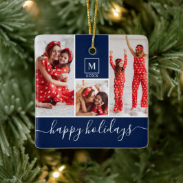 Modern Monogram Foto Collage Happy Holiday Navy Keramisch Ornament