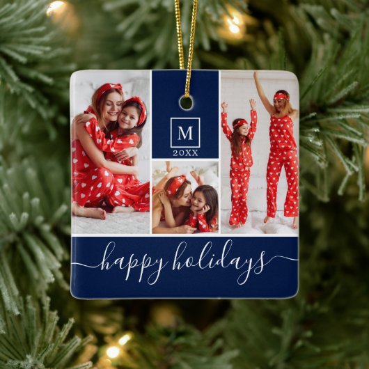 Modern Monogram Foto Collage Happy Holiday Navy Keramisch Ornament (Boom)