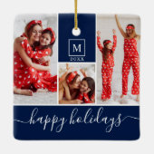 Modern Monogram Foto Collage Happy Holiday Navy Keramisch Ornament (Achterkant)