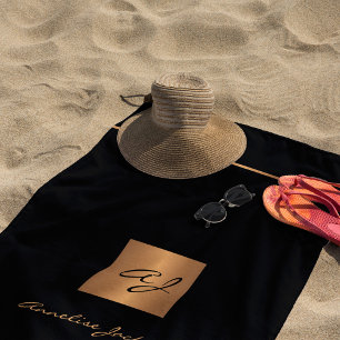 Modern monogram gepersonaliseerd zwart goud elegan strandlaken