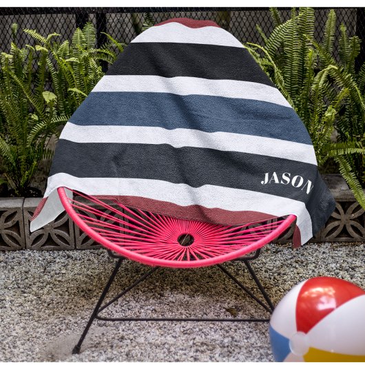 Modern Monogram Gestreept Zwart Wit Blauw Rood Strandlaken