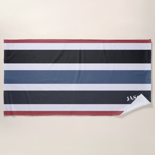 Modern Monogram Gestreept Zwart Wit Blauw Rood Strandlaken (Voorkant)