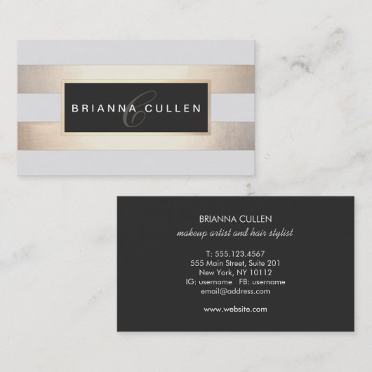 Modern Monogram Gestreepte Goudfolie (afbeelding)  Visitekaartje (Voorkant / Achterkant)