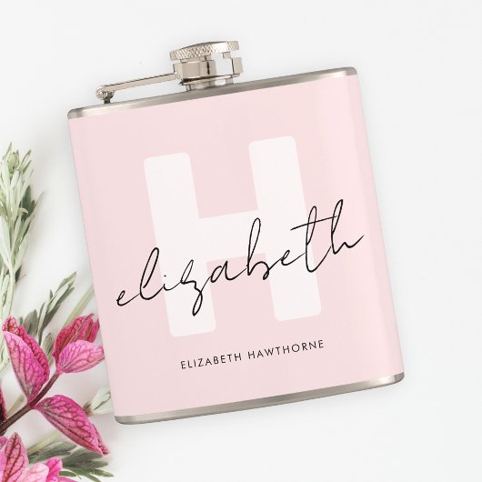 Modern Monogram Girly Script Blush Pink Initiaal Heupfles