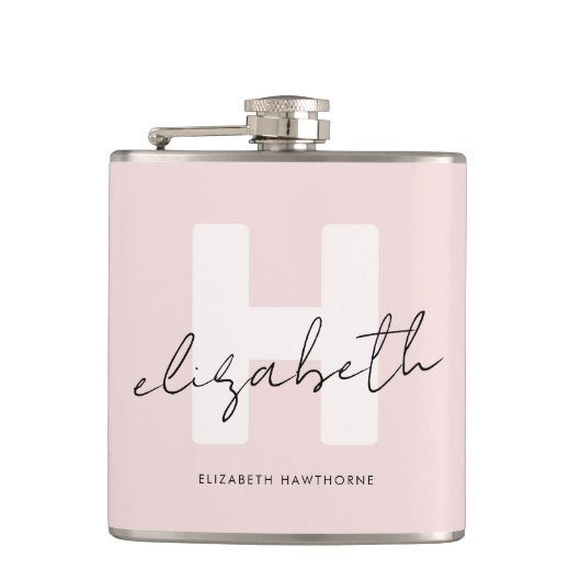Modern Monogram Girly Script Blush Pink Initiaal Heupfles (Voorkant)