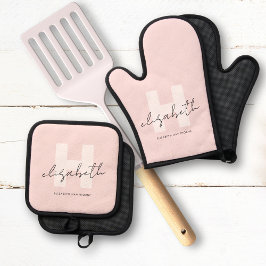 Modern Monogram Girly Script Blush Pink Initiaal Ovenwant & Pannenlap Set