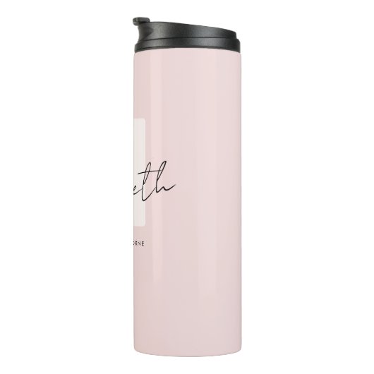 Modern Monogram Girly Script Blush Pink Initiaal Thermosbeker (Geroteerd rechts)