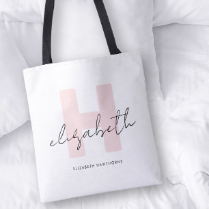 Modern Monogram Girly Script Blush Pink Initiaal Tote Bag