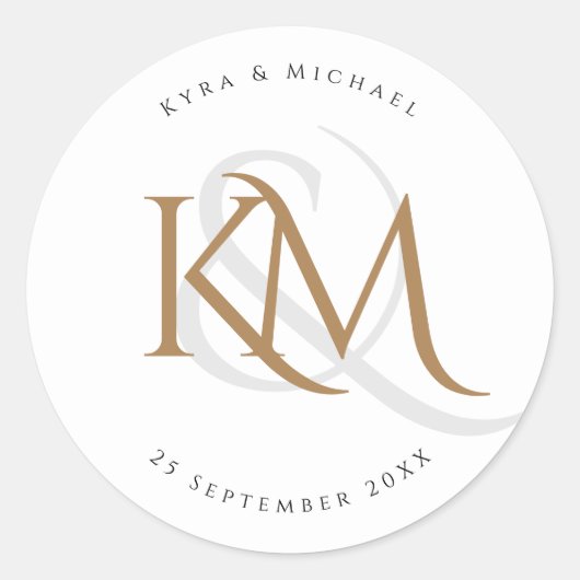 Modern Monogram Gold Script White Elegant Wedding Ronde Sticker (Voorkant)