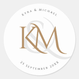 Modern Monogram Gold Script White Elegant Wedding Ronde Sticker