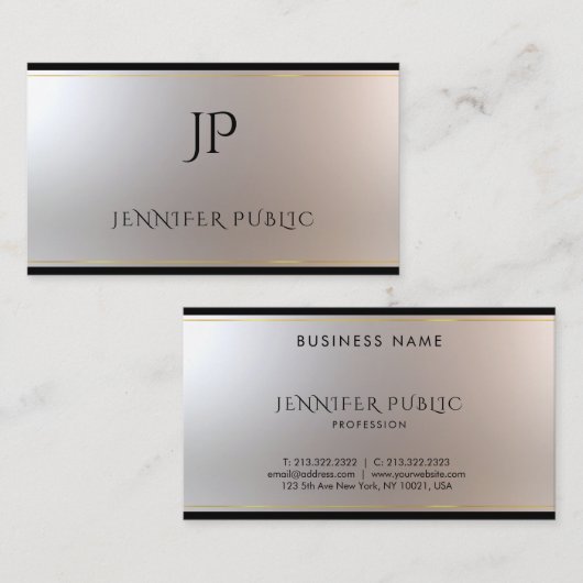Modern monogram Gold Silver Fashionable Plain Visitekaartje (Voorkant / Achterkant)