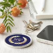 Modern Monogram Golfer Naam Initialen Blauw Goud Sleutelhanger (Zijkant)