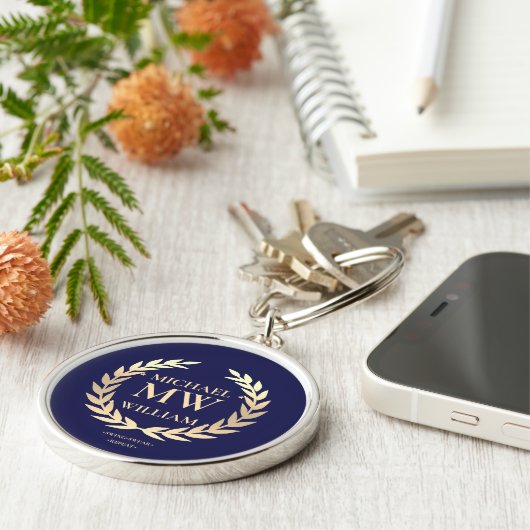 Modern Monogram Golfer Naam Initialen Blauw Goud Sleutelhanger (Zijkant)