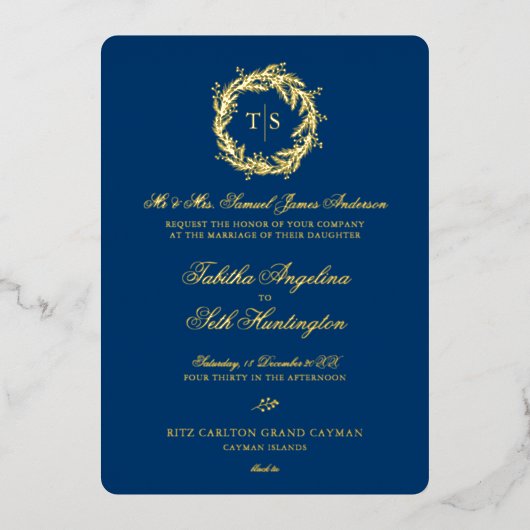 Modern Monogram Goud Blauw Huwelijk Folie Uitnodiging (Voorkant)