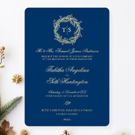 Modern Monogram Goud Blauw Huwelijk Folie Uitnodiging