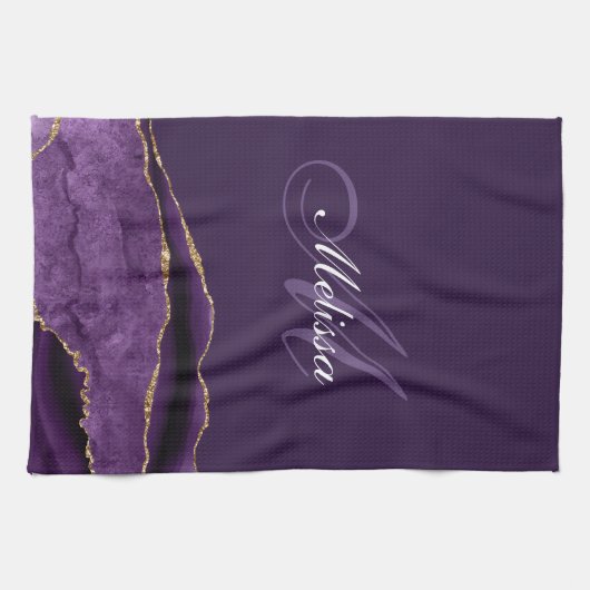 modern monogram goud en paars agate theedoek (Horizontaal)