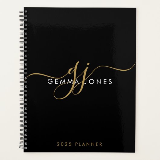 Modern Monogram Goud Script Initialen Naam Zwart Planner (Voorkant)