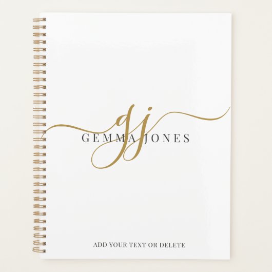 Modern Monogram Goud Script Zwart Naam Wit Planner (Voorkant)