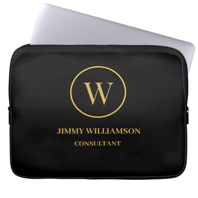 Modern Monogram Goud Zwart Business Laptop Sleeve (Voorkant)