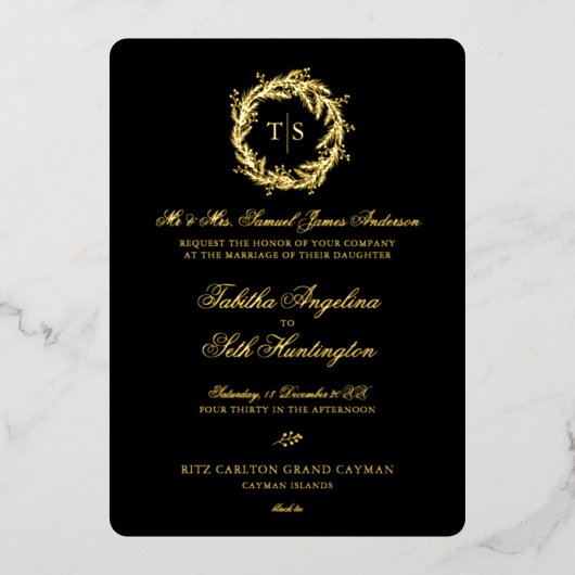 Modern Monogram Goud Zwart Trouwen Folie Uitnodiging (Voorkant)