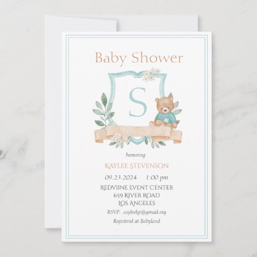 Modern Monogram Green Crest Greenery Baby Kaart (Voorkant)