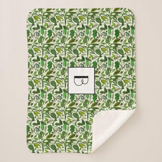 Modern Monogram Groen Botanisch Patroon Sherpa Deken (Voorkant)