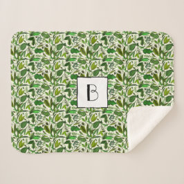 Modern Monogram Groen Botanisch Patroon Sherpa Deken