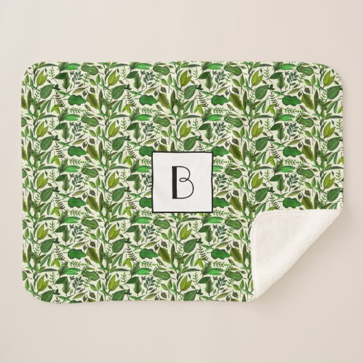 Modern Monogram Groen Botanisch Patroon Sherpa Deken (Voorkant (horizontaal))