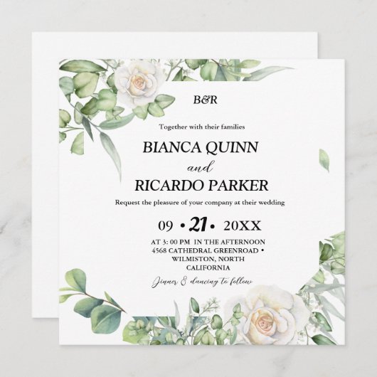 Modern Monogram groen eucalyptus vierkant bruiloft Kaart (Voorkant / Achterkant)