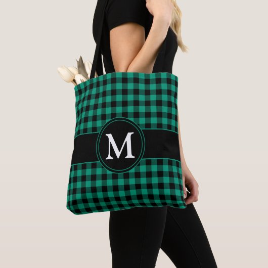 Modern Monogram Groen geruite Tote Bag (Dichtbij)