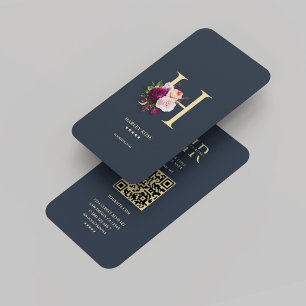 Modern Monogram H Bloemen Donkerblauw Goud Visitekaartje