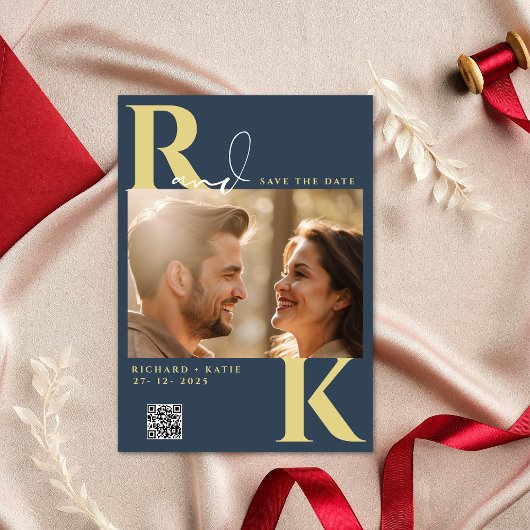 Modern Monogram Helder Bold Navy Blauw Foto Kaart