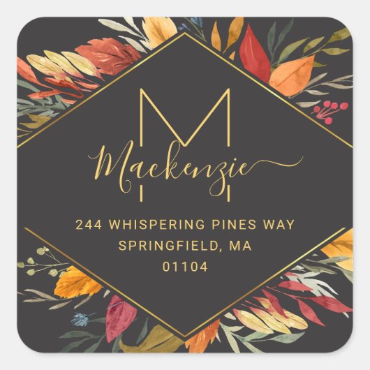 Modern monogram Herfst Foliage Return Address Vierkante Sticker (Voorkant)