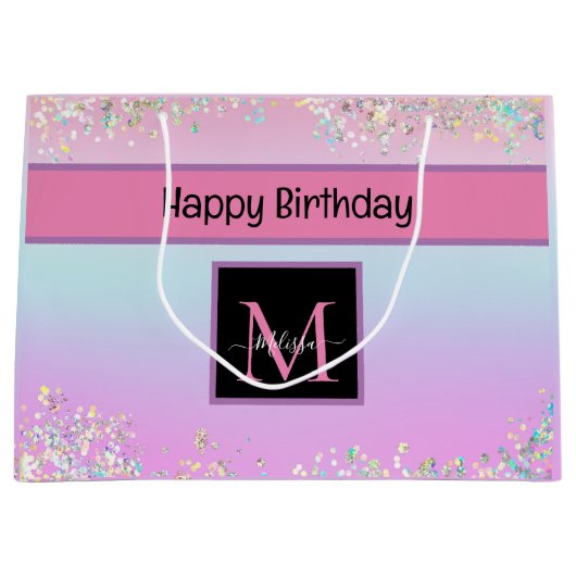 Modern Monogram Holografisch Pastelglitter Groot Cadeauzakje (Voorkant)