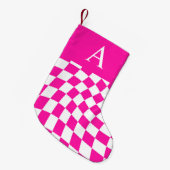 Modern Monogram Hot Pink geruit Kleine Kerstsok (Voorkant (Hangend))