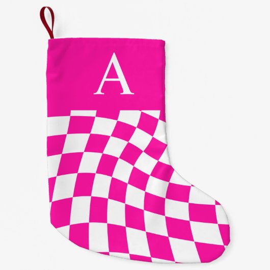 Modern Monogram Hot Pink geruit Kleine Kerstsok (Voorkant)