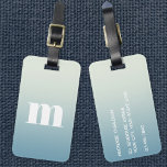 Modern Monogram Initiaal Blauw verloop Bagagelabel<br><div class="desc">Moderne onderste hoesje typografie minimalistisch monogram initiaal ontwerp dat kan worden gewijzigd om te personaliseren,  samen met de details op de achterkant. Wit op een blauwgroen gradiëntachtergrond.</div>