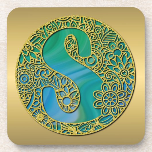 Modern Monogram Initiaal Gouden Letter en Turquois Bier Onderzetter (Voorkant)